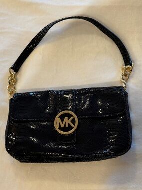 Michael Kors Black Patent Shoulder Bag with Gold MK Logo